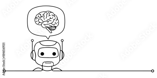 Continuous one line drawing of a AI chatbot icon with brain speech bubble, symbolizing AI-powered mental health support for modern greeting cards and brand identity.