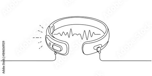 Continuous one line drawing of a wearable EEG headband with gentle waves emitting, representing mental health monitoring and brainwave analysis for app interfaces and elegant health posters.
