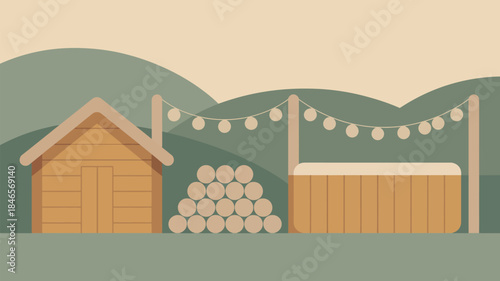 Cozy wooden cabin with log pile and hot tub outdoors
