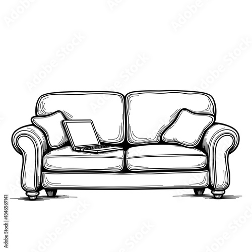 Abstract couch with laptop, black and white coloring book design for kids, home decor and creativity