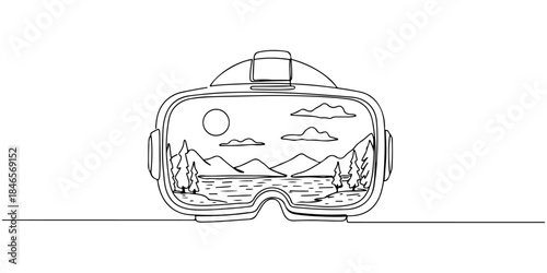Continuous one line drawing of a VR headset with calming landscape inside the lenses, representing immersive virtual reality therapy experiences, ideal for wellness event posters and elegant marketing