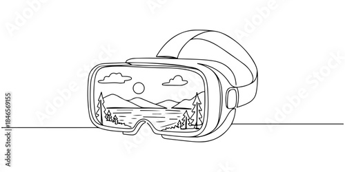 Continuous one line drawing of a VR headset with calming landscape inside the lenses, representing immersive virtual reality therapy experiences, ideal for wellness event posters and elegant marketing
