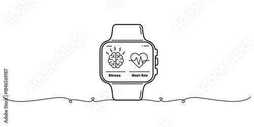 Continuous one line drawing of a smartwatch displaying stress and heart rate icons, symbolizing wearable mental health tech for greeting cards and health-focused branding.