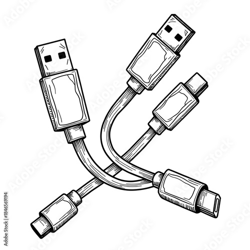 USB charging cables illustration, digital connectivity and tech accessories for kids' coloring book