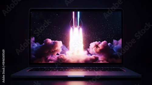 Laptop displaying a rocket launch for business startup concept