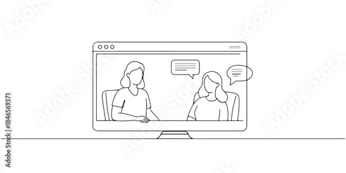 Continuous one line drawing of a video call screen with a therapist and patient connected, symbolizing remote mental health care for greeting cards and telehealth services.