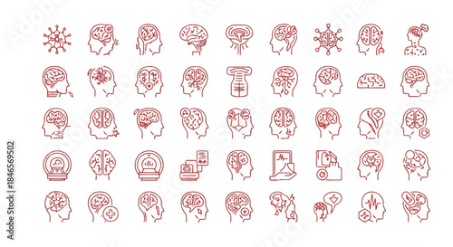 Illustration of various brainrelated concepts and ideas with red lines and dots on