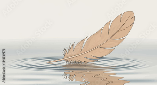Tranquil feather resting on a serene water surface creating subtle ripples conveying calmness