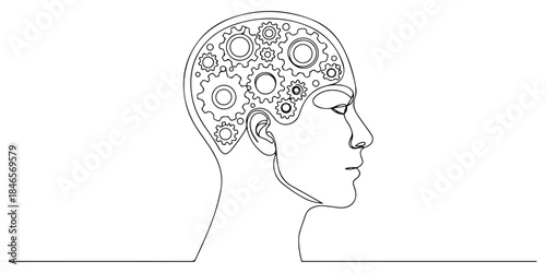 Continuous one line drawing of a human  with gears inside the head, symbolizing tech-enhanced mental health solutions for posters and wellness branding.
