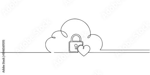 Continuous one line drawing of a cloud with a lock and heart icon, representing secure online mental health platforms for elegant greeting cards and app design.