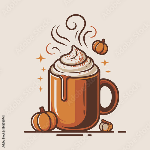 Hot chocolate with pumpkin spice and whipped cream vector – Perfect for cozy seasonal menus, fall holiday campaigns, or warm beverage branding.