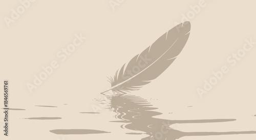 Single feather reflecting delicately on serene waters a minimalistic dreamscape impression