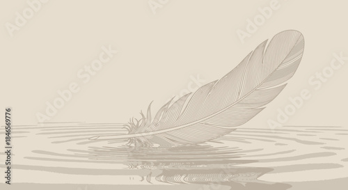 An artistic representation of a feather gently touching the surface of water creating ripples the
