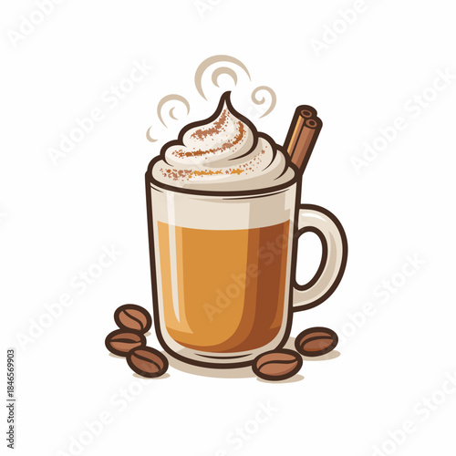 Pumpkin spice latte vector in tall glass mug with whipped cream topping – Perfect for café promotions, autumn menus, or fall-themed vector graphics.