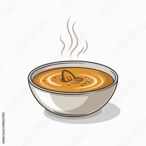 Steaming pumpkin soup vector illustration with cream swirl and garnish – Suitable for holiday promotions, cozy autumn themes, or food service graphics.