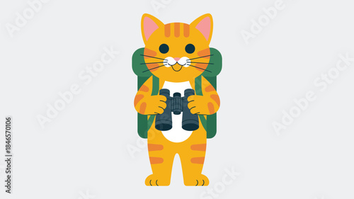 Adventurous cat with backpack and binoculars ready for exploration