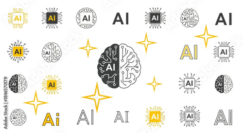 Collection of various artificial intelligence symbols and icons including brain, neural network, and ai text
