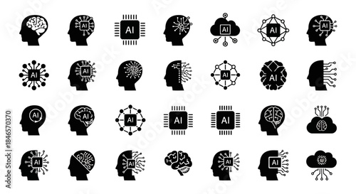 Collection of black and white brain icons with various abstract patterns and designs representing creativity and thought processes
