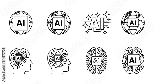 Collection of eight black and white icons representing artificial intelligence, including circular, brain, and globe designs
