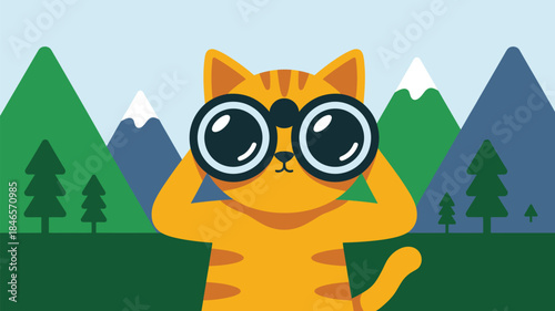 Curious cat exploring mountains with binoculars on adventure