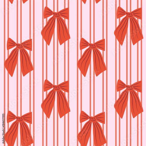 Retro bow stripe seamless square pattern. Coquette Valentine and wedding ribbon for gift wrap, stationery, packaging, girly decor projects. Vector illustration with vertical lines and playful bows.