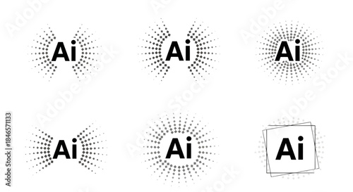 Set of five stylized ai logos with different dot patterns around the letters, isolated on