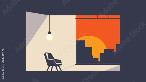Modern room with chair and city sunset view through window