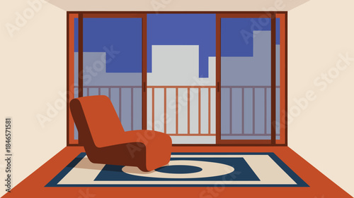 Cozy modern living room with city view from balcony at dusk