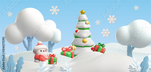 Winter forest nature with Christmas tree, gift boxes and snowman 3D vector background, Merry Christmas, New Year holiday