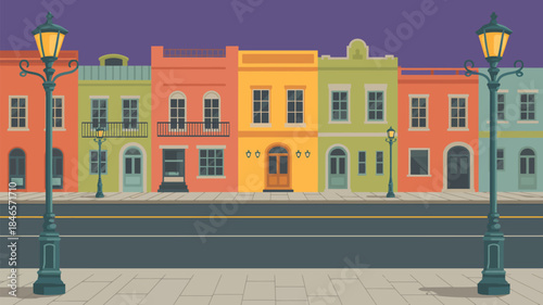 Vibrant colorful street with buildings and lampposts at dusk