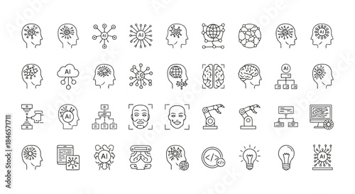Illustration of various brain activities and mental processes with icons representing thinking, creativity, and problemsolving