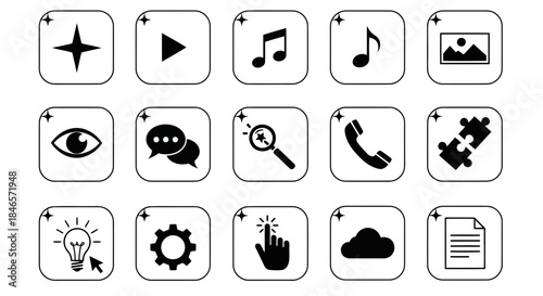 Set of icons representing various functions and features such as star, play, music, photo, eye, speech bubble, search, phone, puzzle, light bulb, gear, hand, cloud, and document