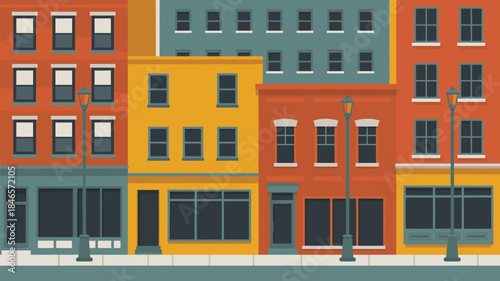 Vibrant city street with colorful buildings and street lamps