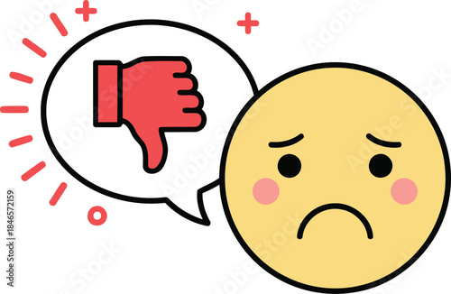 Sad yellow emoji face shows disappointment and gives a negative review with a clear red thumbs down gesture