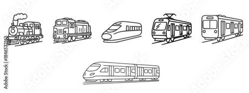 Line art icon set of different train , locomotive types including steam diesel , modern high speed trains in outline style showing railway transport progression, concept of travel transportation 