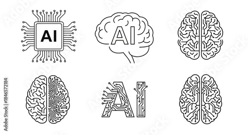 Illustration of artificial intelligence and human brain concepts with interconnected neural networks and ai symbols