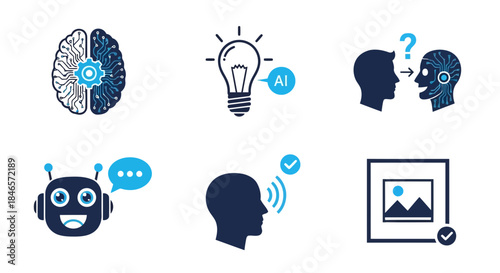 Set of icons representing artificial intelligence, brain, light bulb, communication, thinking, and image recognition