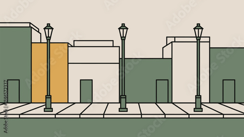 Modern city street with lamp posts and buildings