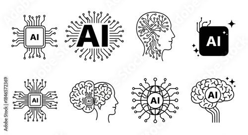 Collection of eight different icons representing artificial intelligence and brain concepts with neural networks and digital elements