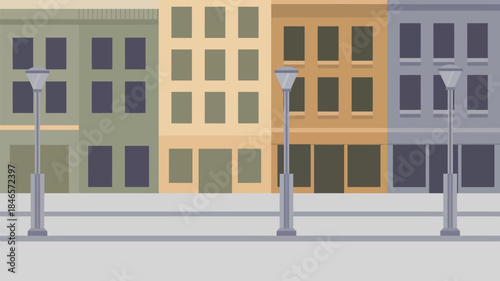 Colorful city street with modern buildings and streetlights