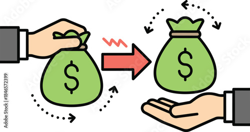 A person is making a financial transfer by giving a money bag to another hand indicating payment or income