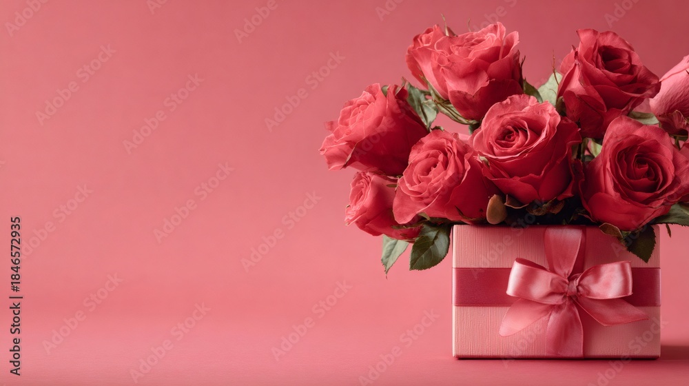 Fototapeta premium Red roses bouquet in gift box for celebration