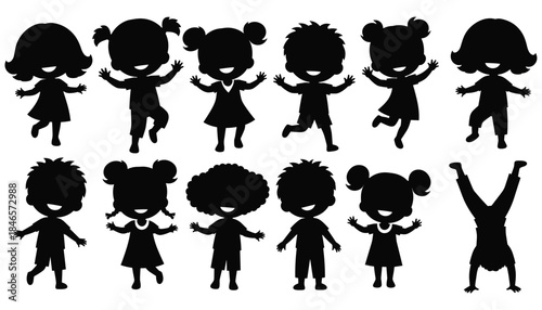 Children silhouettes set showing kids dancing and playing for childhood concept
