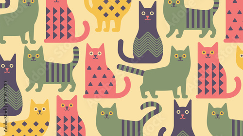 Colorful cats in playful pattern on yellow background