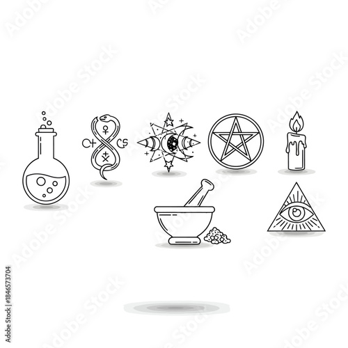 Ancient mystical symbols and objects for magic rituals are arranged on a surface.