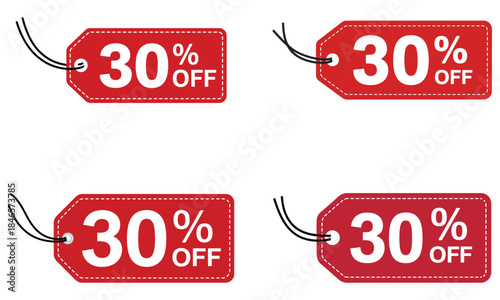 30 Percent Off Red Price Tag Sale Labels Set Isolated on White
