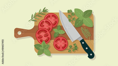 Fresh tomatoes and herbs on cutting board with knife