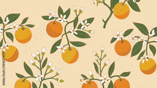 Vibrant oranges and blossoms on branches with green leaves