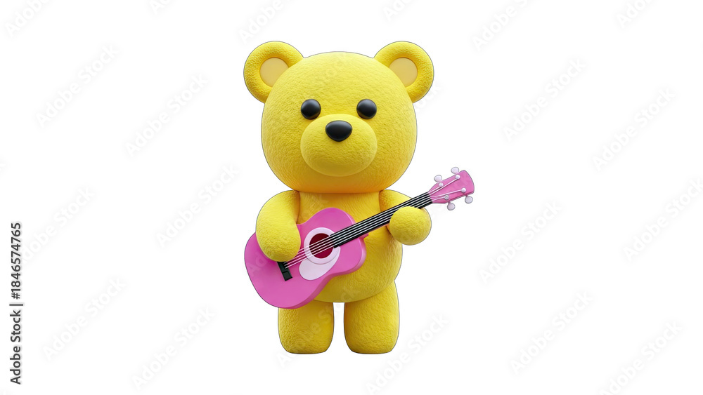 Obraz premium Yellow Teddy Bear Playing Guitar on White Background