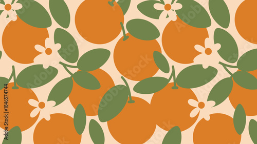 Vibrant oranges and green leaves on cream background pattern